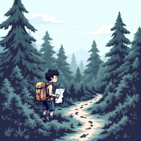 A lone traveler with a backpack stands in a dense forest, studying a map. A winding path leads into the woods, embodying the quote about finding your way through getting lost.