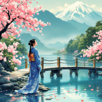 A serene landscape featuring a woman in a blue kimono, standing by a tranquil lake surrounded by cherry blossoms and mountains, reflecting the beauty of life's experiences.