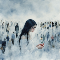 A solitary woman holds a flower amidst a sea of indistinct figures, embodying the quote about the loneliness found even in crowds, evoking feelings of isolation and yearning.