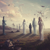 Ethereal figures stand in a misty landscape surrounded by floating debris, embodying elusive dreams, hidden secrets, and silent conspiracies.