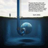 A cross-dimensional borehole pipeline connects Earth 1 with sterile Earth 2985b, 65 km beneath, disposing byproducts from the advanced Neutron Accretion Engine energy system.