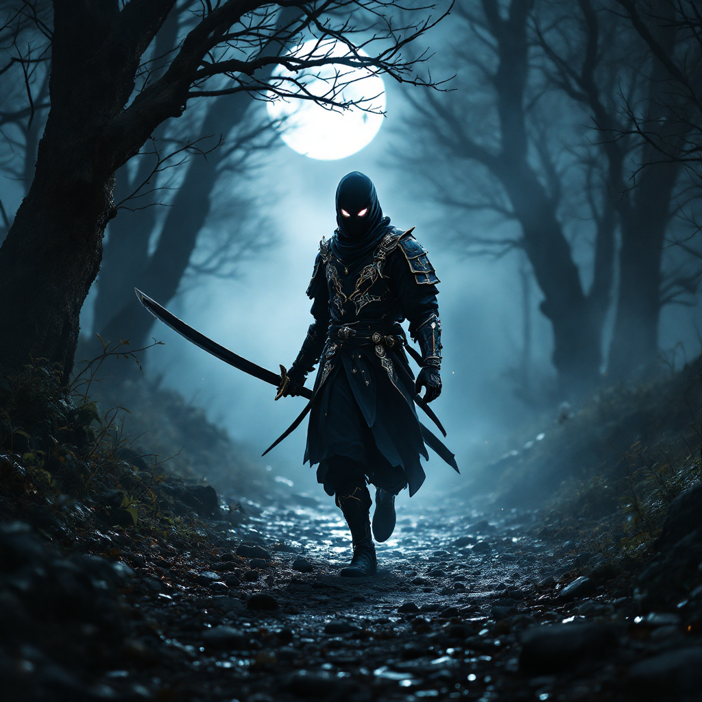 A shadowy figure in dark armor wields a sword, moving swiftly through a misty forest under a full moon, embodying stealth and strategic surprise.