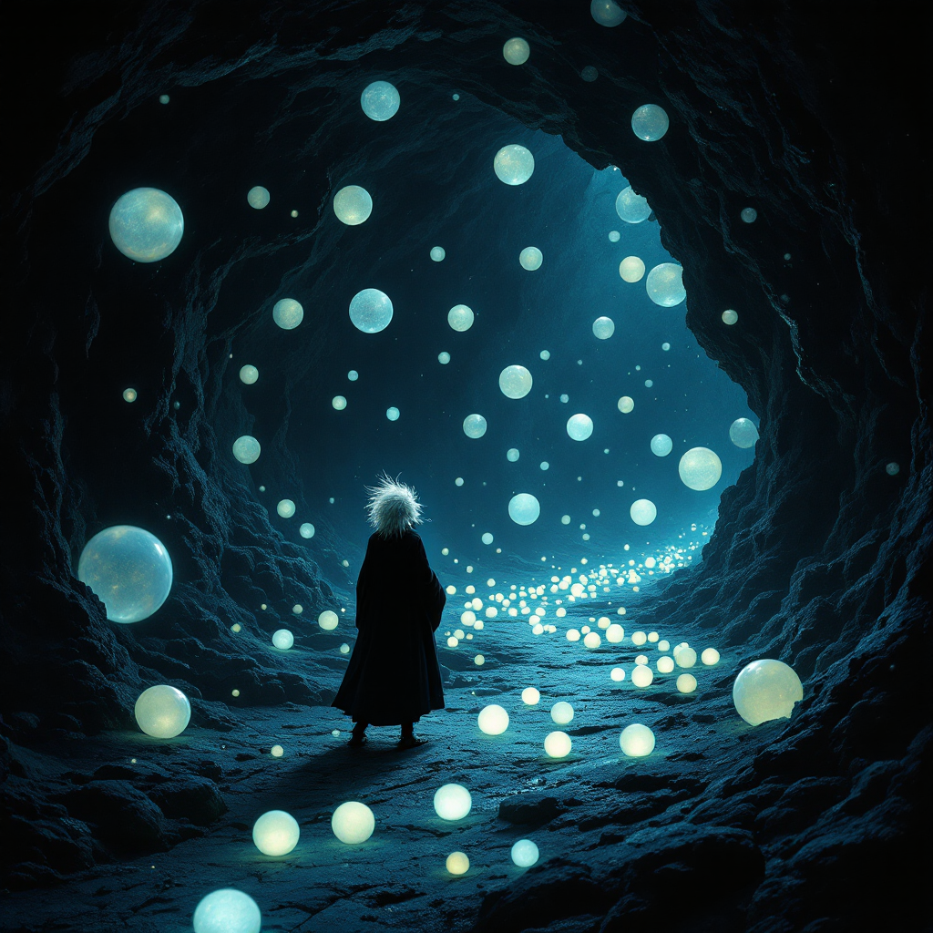 A figure in a dark cave stands among glowing, spherical shapes, illuminated by soft light, evoking Slartibartfast's description of planet creation.