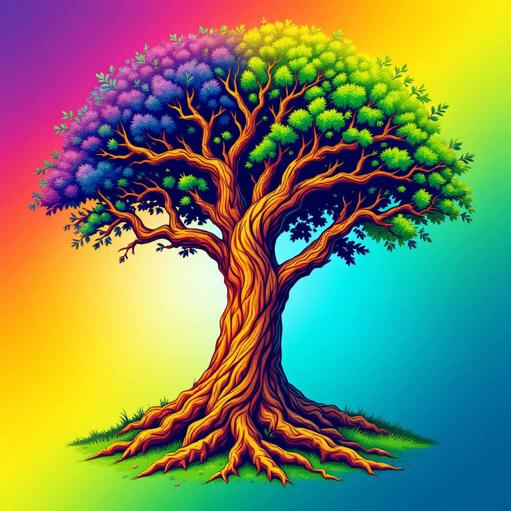 A vibrant tree with multicolored leaves stands against a rainbow backdrop, symbolizing the strength of unity and the enriching power of diversity.