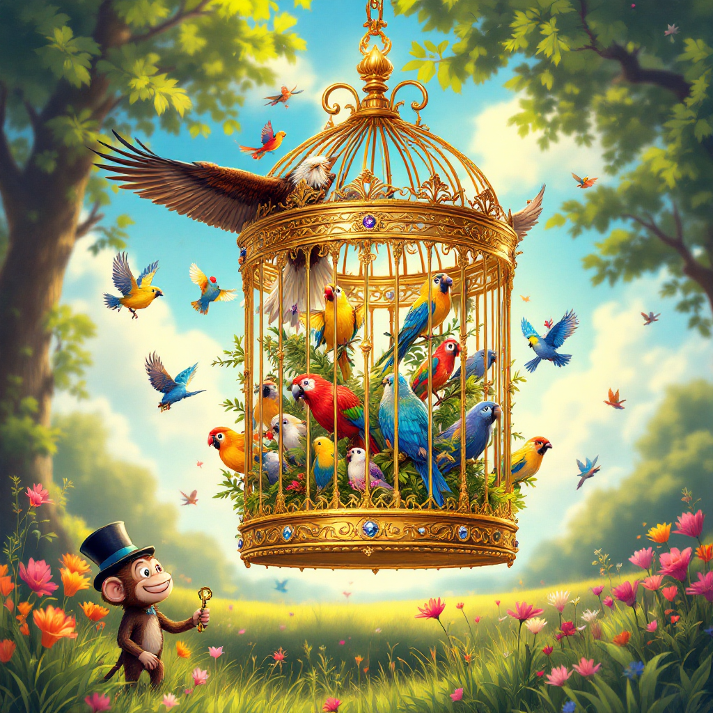 A whimsical scene depicts a golden birdcage filled with vibrant birds, surrounded by lush greenery and flowers, reflecting the idea that in gilded cages, freedom is the most precious metal.