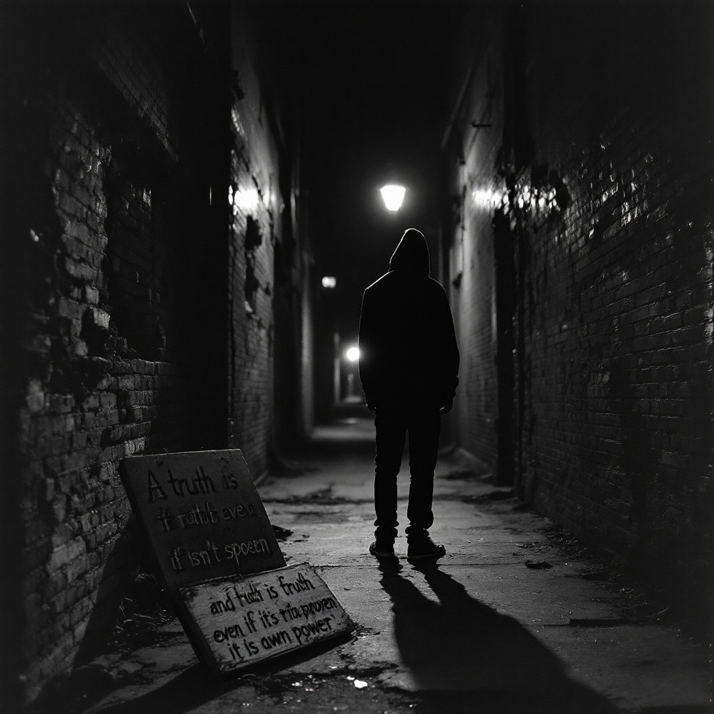 A dimly lit alley features a silhouetted figure standing beside a sign that reads, A truth is a truth..., evoking the power of unspoken truths in a haunting atmosphere.