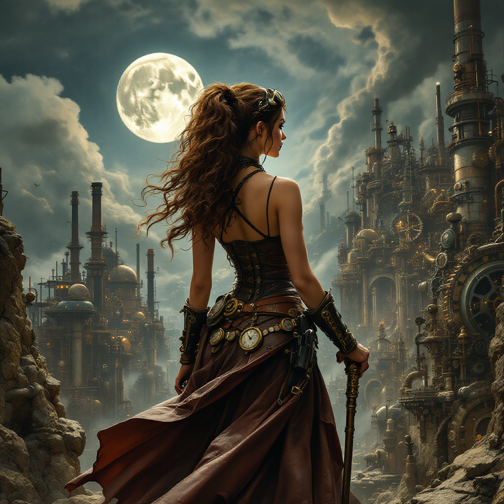 A determined woman stands against a backdrop of a steampunk city under a full moon, embodying strength and resilience amid a dramatic, industrial landscape.