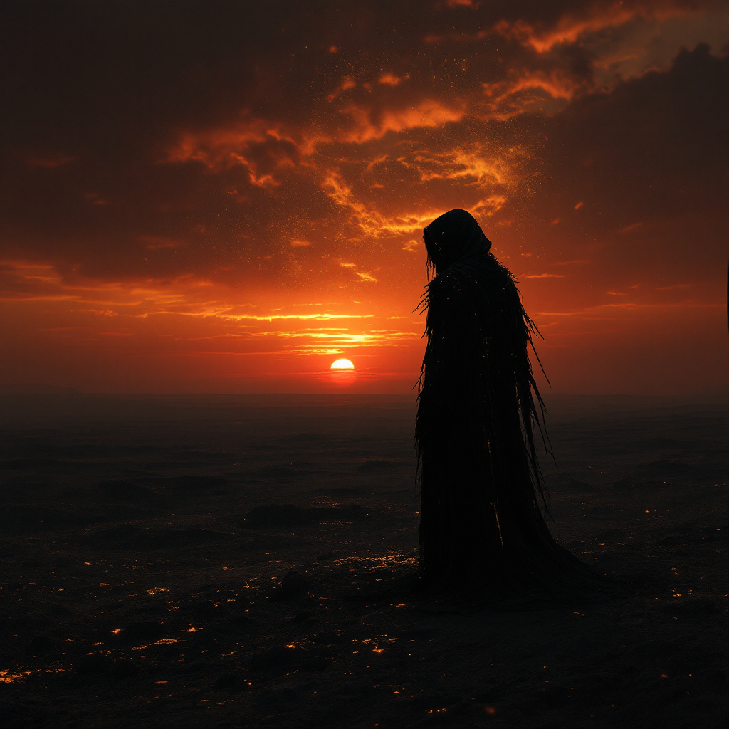 A dark, cloaked figure stands against a striking sunset, embodying the somber reflection of time passing, as the sun dips below the horizon, casting an eerie glow.