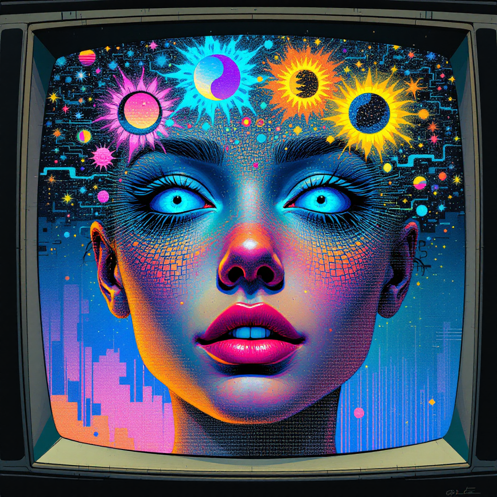 A vibrant image of a woman with striking features, her head surrounded by colorful celestial symbols, representing emotions intertwined with trauma and resolution. Bright, surreal, and thought-provoking.