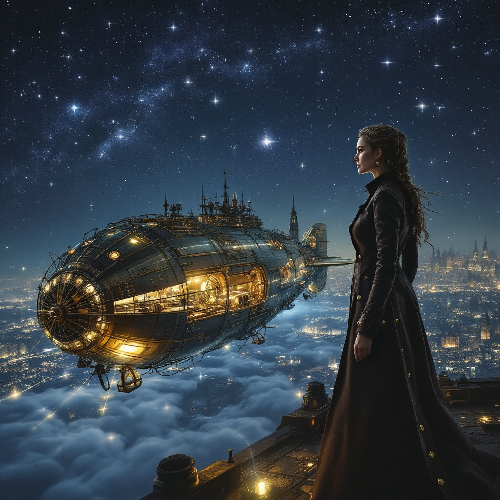 A figure in a long coat gazes at a glowing airship amidst a starry night sky, embodying the contrast of hope and despair in the vast expanse of the cosmos.