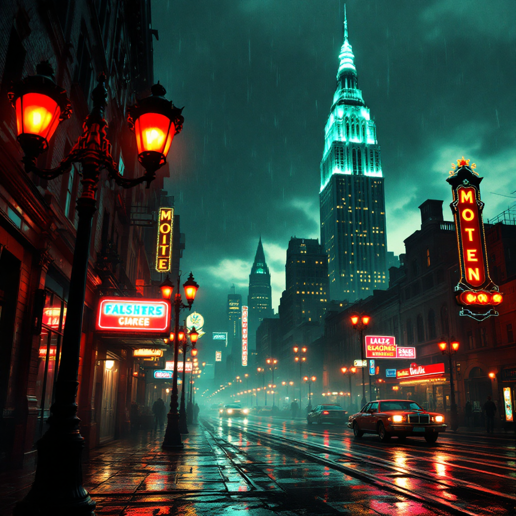 A moody, neon-lit city street at night, featuring vintage signs and the Empire State Building, reflecting the idea that the past shapes our identity. Rain glistens on the pavement.