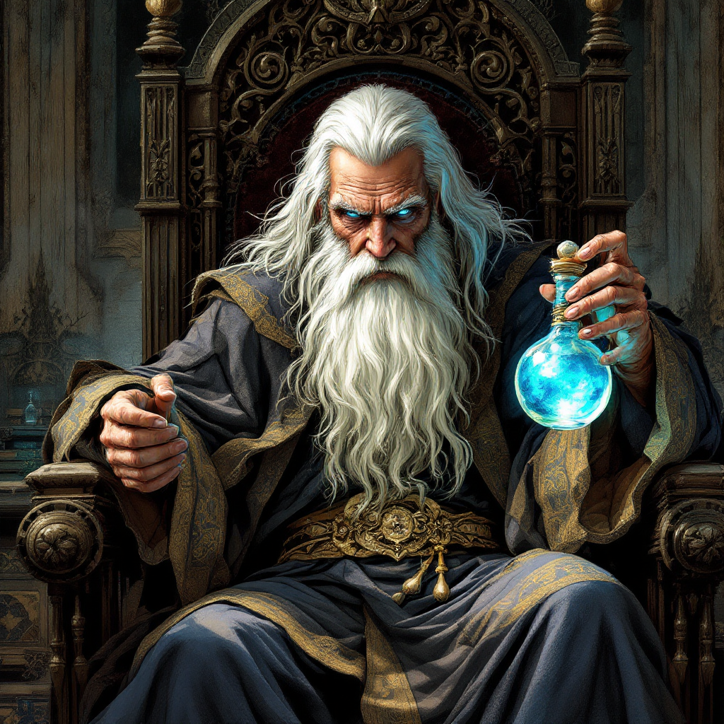 An imposing, bearded figure sits on a grand throne, holding a glowing blue potion. His intense gaze and regal attire evoke a sense of wisdom and power, reflecting the bond between fathers and sons.