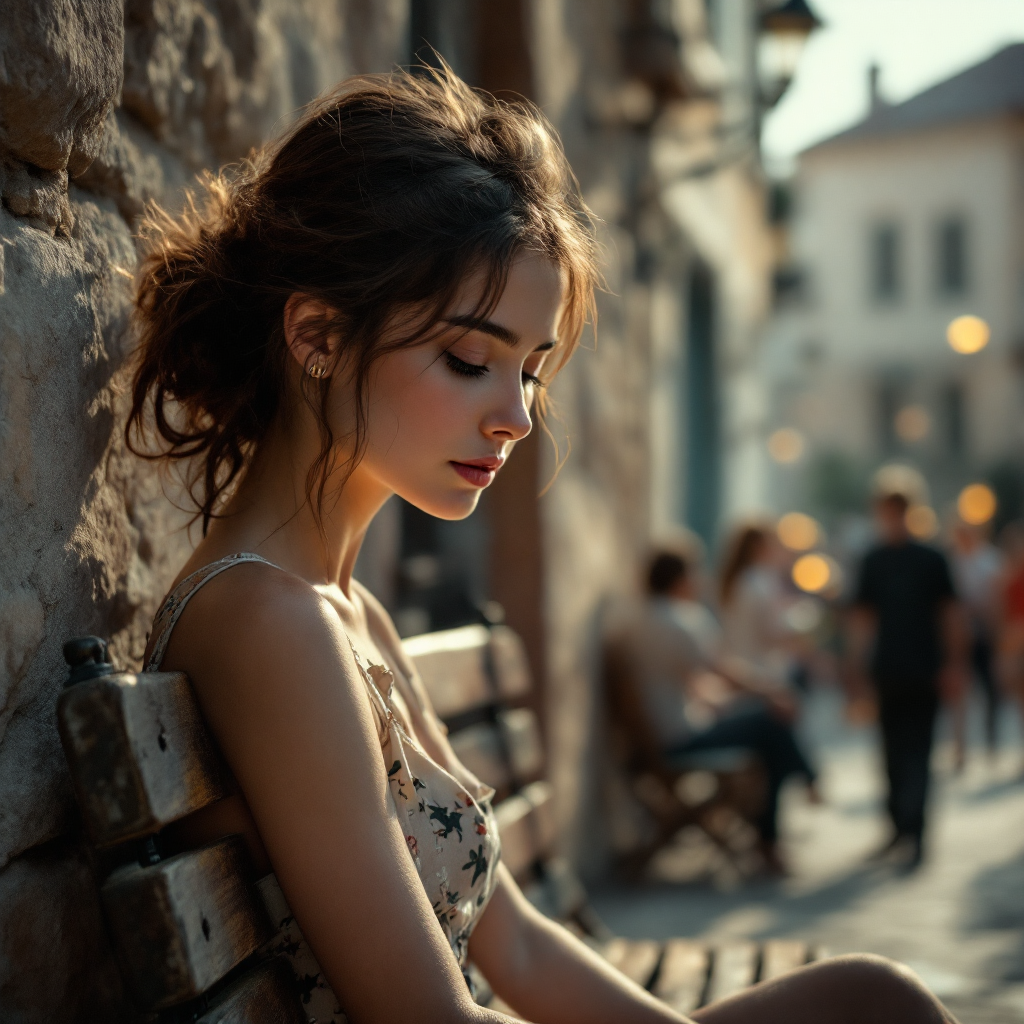 A young woman sits on a bench, lost in thought, as people pass by in a warm, sunlit street, capturing the beauty of observing lives and reflecting on her own.