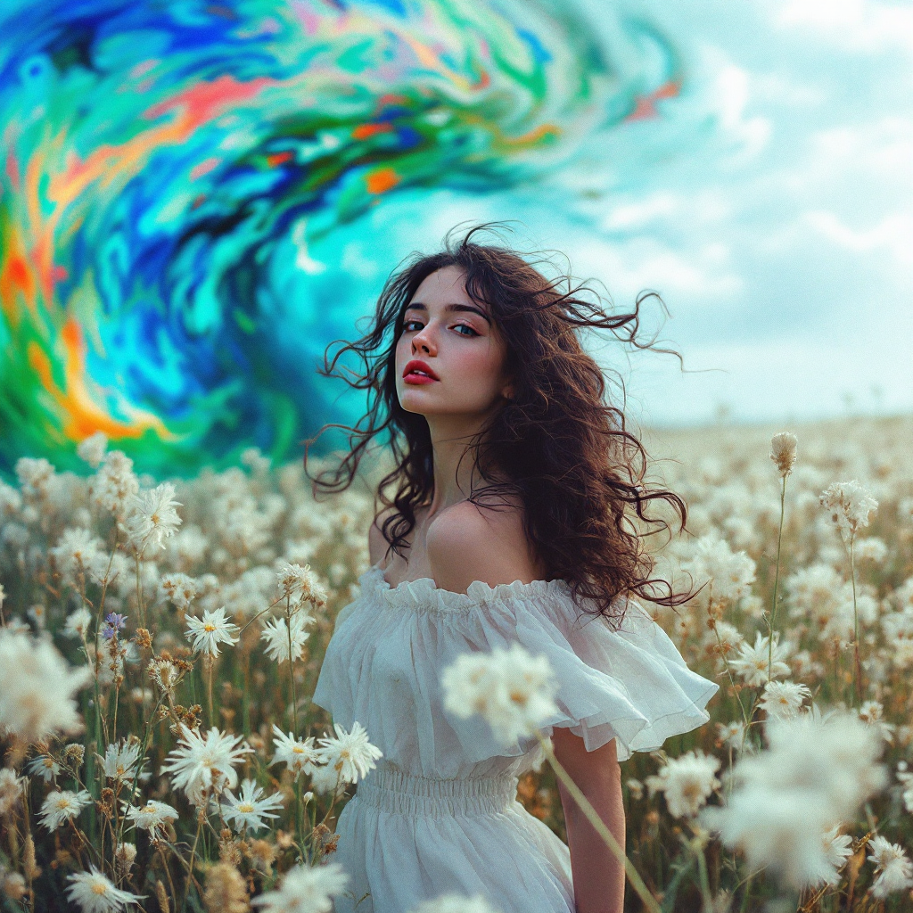 A woman with flowing hair stands amid a field of flowers, gazing thoughtfully into the distance as vibrant chaos swirls behind her, embodying the balance of chaos and order in the universe.