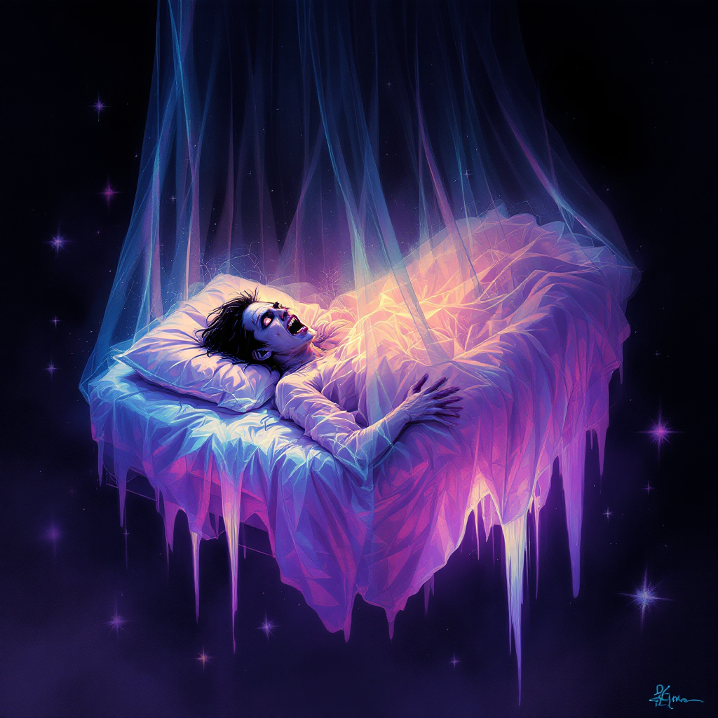 A surreal scene of a person sleeping in a glowing, ethereal bed, surrounded by a starry cosmos, embodying the quote about controlling dreams and nightmares.