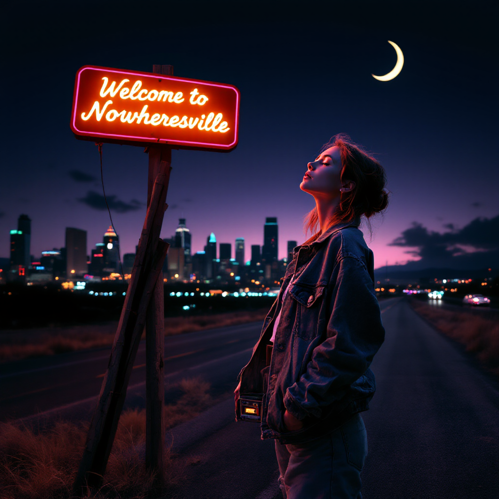 A woman stands beside a glowing Welcome to Nowheresville sign at night, gazing upward as a crescent moon hangs above a distant city skyline, embodying the quote about relying on strangers.