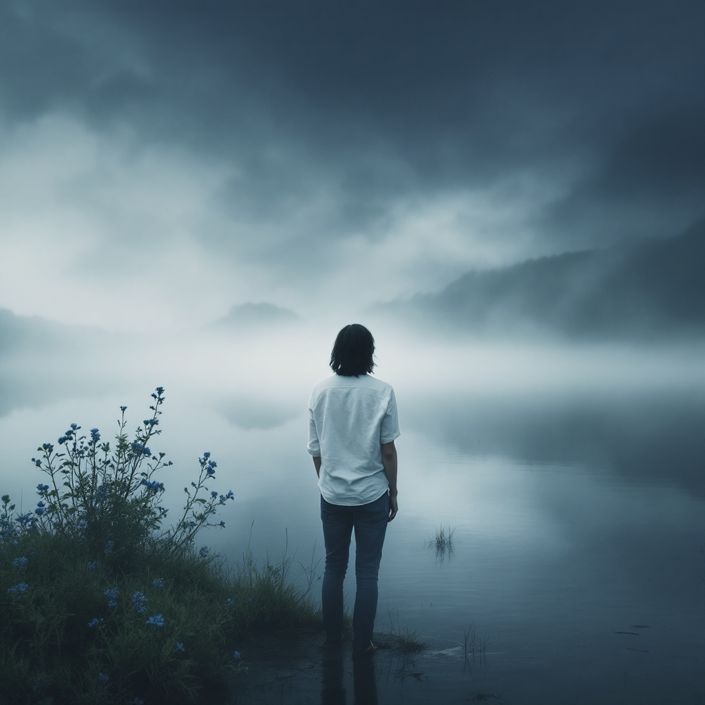 A figure in a white shirt stands alone by a misty lake, surrounded by soft blue flowers, embodying introspection and the weight of past actions against a dramatic sky.