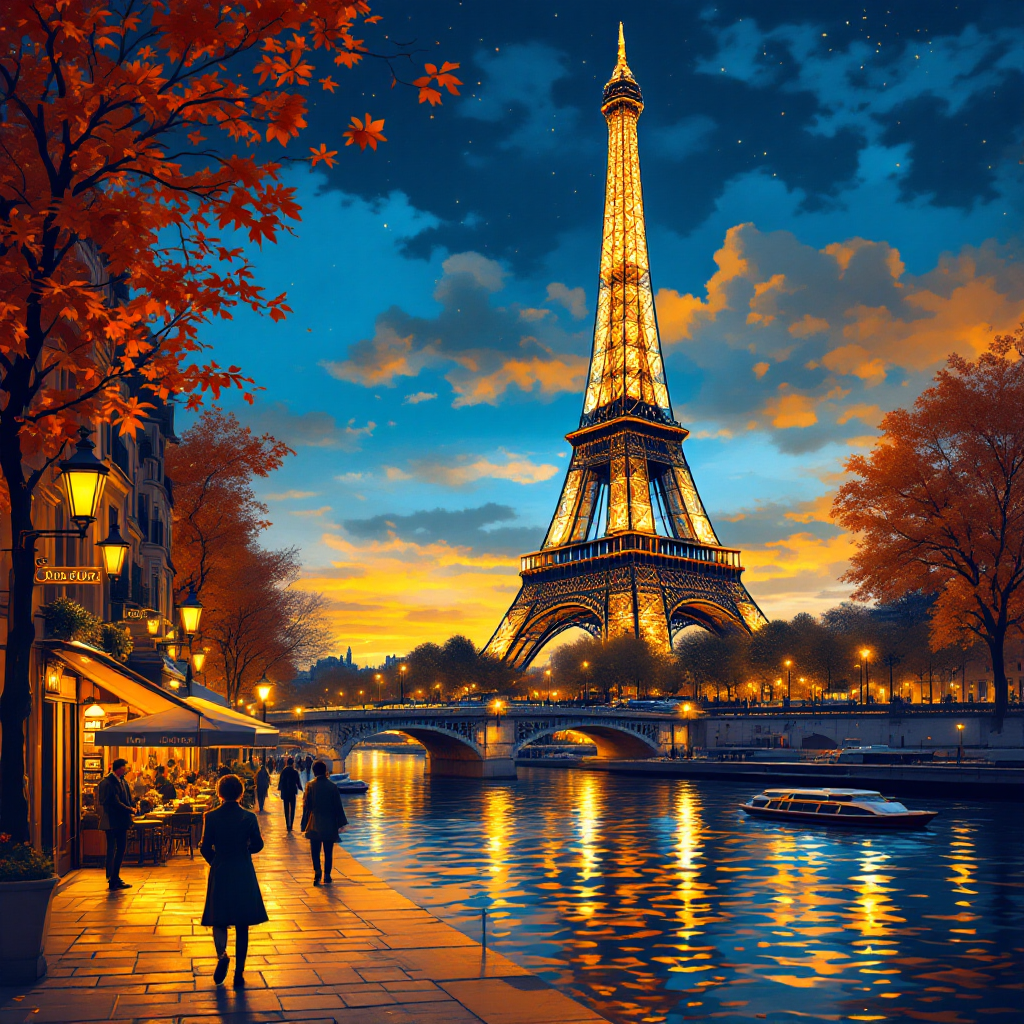 A vibrant Paris evening scene features the illuminated Eiffel Tower alongside a river, with warm autumn colors and people enjoying the atmosphere, embodying the endless possibilities of life in Paris.