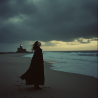 A figure in a flowing black coat stands on a desolate beach, gazing at dark clouds above, evoking a sense of profound loneliness against a distant lighthouse.