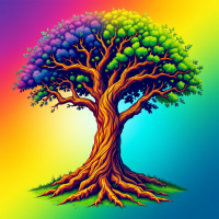 A vibrant tree with multicolored leaves stands against a rainbow backdrop, symbolizing the strength of unity and the enriching power of diversity.