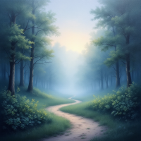 A serene forest path winds through misty trees, evoking a sense of escapism and reflection, resonating with the quote about keeping one's mind off someone.