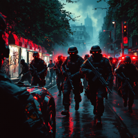 A tense urban scene features heavily armed police officers advancing through a dimly lit street, illuminated by red lights, embodying the chilling impact of their unchecked agenda.