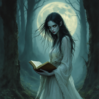 A ghostly figure in a white gown stands in a shadowy forest, holding an open book. A full moon casts an eerie glow, evoking themes of secrets and hauntings.