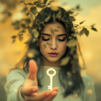 A young woman reaches out with an ornate key, surrounded by soft foliage and warm light, symbolizing a plea for consent and the freedom to make choices.