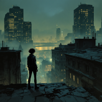 A figure stands atop a rooftop, gazing over a misty, illuminated cityscape. Towering buildings and a glowing skyline reflect the mystery of searching and discovery.