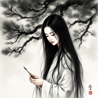 A serene figure in a flowing white garment stands beneath a dark, branching tree, holding a brush, embodying self-belief and resilience in a tranquil, monochromatic landscape.