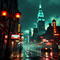 A moody, neon-lit city street at night, featuring vintage signs and the Empire State Building, reflecting the idea that the past shapes our identity. Rain glistens on the pavement.