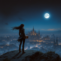 A figure stands on a rocky outcrop at night, gazing over a glowing, sprawling city under a full moon, embodying the quote, We’re all just stories in the end.