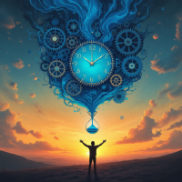 A silhouette of a person with arms outstretched stands before a vibrant sunset, surrounded by swirling gears and an hourglass, symbolizing the unrelenting passage of time.