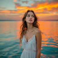 A young woman in a white dress stands by the water, gazing thoughtfully at the sunset, embodying the essence of taking a leap of faith to discover one's true desires.