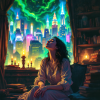 A woman sits in a dimly lit room surrounded by books, gazing thoughtfully at a vibrant city skyline illuminated by neon lights and swirling clouds, embodying the essence of storytelling amid chaos.