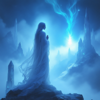 A figure in flowing robes stands alone on a rocky outcrop, surrounded by ethereal blue light and towering crystal formations, embodying solitude and transcendent visions.