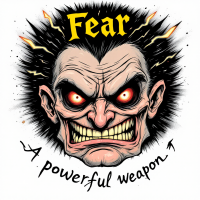 An intense illustration of a sinister face with wild hair and glowing red eyes, surrounded by the words Fear and A powerful weapon, emphasizing the duality of fear's impact.