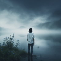 A figure in a white shirt stands alone by a misty lake, surrounded by soft blue flowers, embodying introspection and the weight of past actions against a dramatic sky.