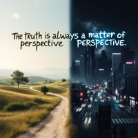 A split image featuring a serene landscape on the left and a bustling cityscape on the right, with the quote The truth is always a matter of perspective overlaying the scenes.