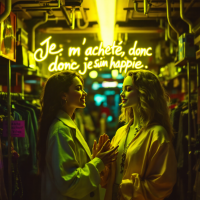 Two women smile at each other in a vibrant store, surrounded by colorful items, with a neon sign above them reading, Je m'achète, donc je suis happy, reflecting the joy of shopping.