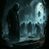 A dark, eerie scene depicting hooded figures in a graveyard, surrounded by mist and shadows, evoking the quote about silence and the company of the dead.