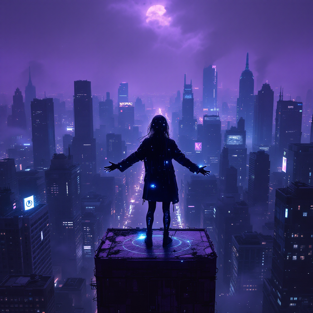 A silhouetted figure stands with arms outstretched on a rooftop, overlooking a glowing, purple-hued cityscape, embodying the quote about hope shining through darkness.