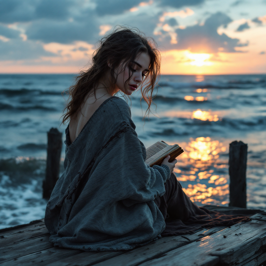 A young woman sits on a weathered dock, reading a book as the sun sets over the ocean, embodying the quote about understanding and the essence of what is truly ours.