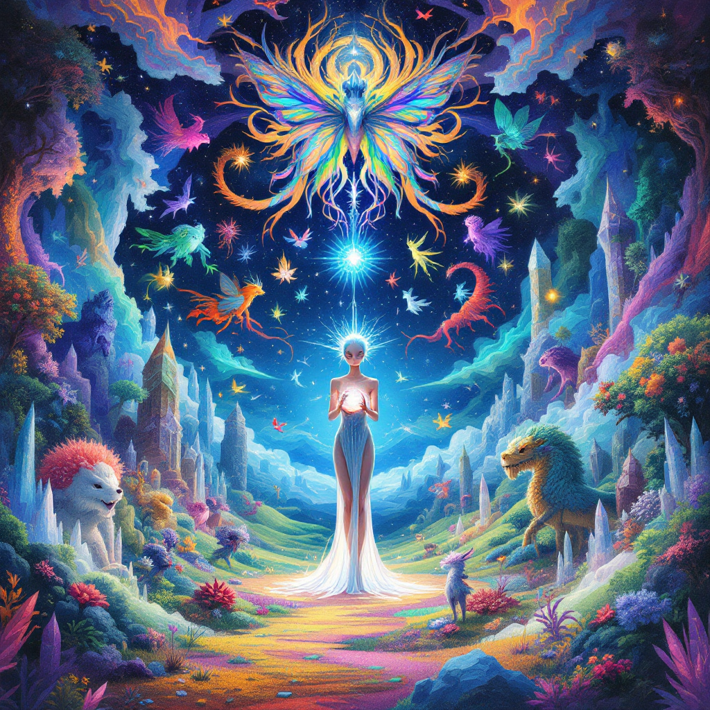 A luminous figure stands in a vibrant, enchanted landscape, surrounded by mystical creatures and celestial elements, embodying the harmony between individuality and the collective.