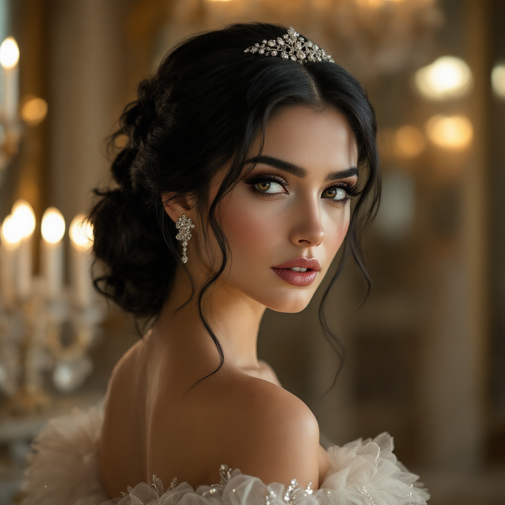 A poised woman with dark hair and elegant makeup gazes over her shoulder. She wears a pearl tiara and a strapless gown, embodying charm that hints at unseen darkness.