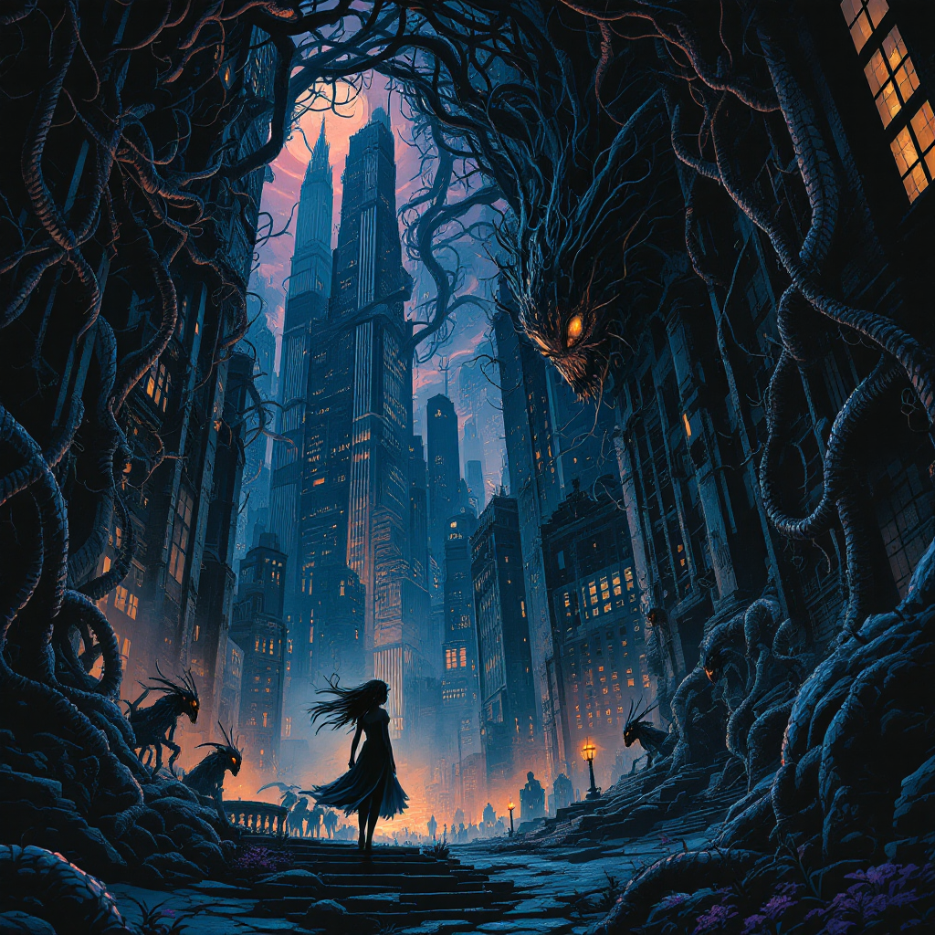 A lone figure stands at the edge of a dark, twisted alley, flanked by towering skyscrapers and shadowy creatures, embodying a world of shifting realities and elusive truths.