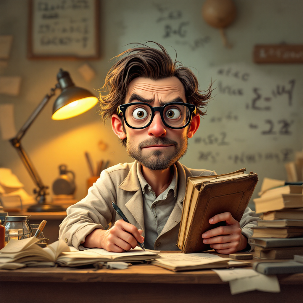 A studious person with messy hair and glasses sits at a cluttered desk filled with papers and books, intently reading an old book, embodying a quest for truth and reality.