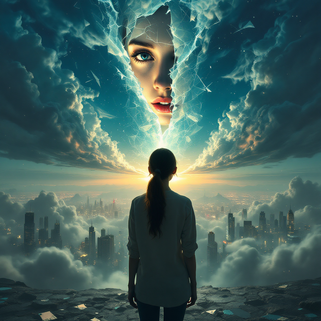 A figure stands before a surreal sky, where a woman's face emerges from swirling clouds, symbolizing the search for hidden truths beneath layers of self-imposed barriers.