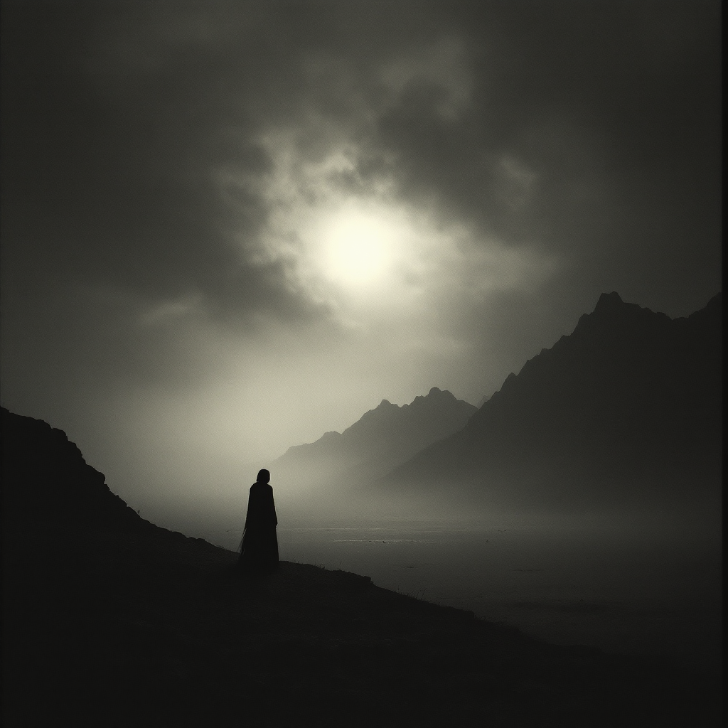 A solitary figure stands on a dark, misty landscape, shadowed mountains in the background, as a pale sun struggles to break through ominous clouds, embodying the quote about the past as a shadow.