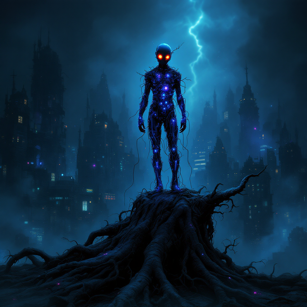 A glowing figure stands on a gnarled root amidst a dark, stormy cityscape, embodying the internal battles we face, illuminated by lightning in a tense, surreal atmosphere.